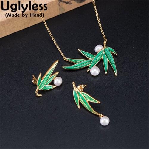 Uglyless Asymmetric 925 Silver Bamboo Jewelry Sets for Women Pearls Chokers Studs Earrings China Chic Gold Necklaces + Chains