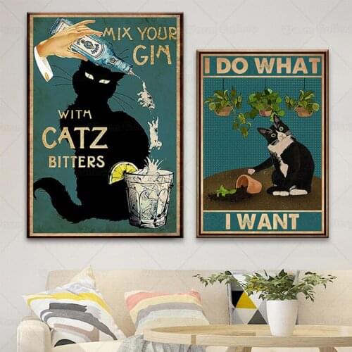 Mental Black Cat Poster I Do What I Want Quote Art Print Vintage Mix Your Gin Funny Bathroom Garden Canvas Painting Home Decor