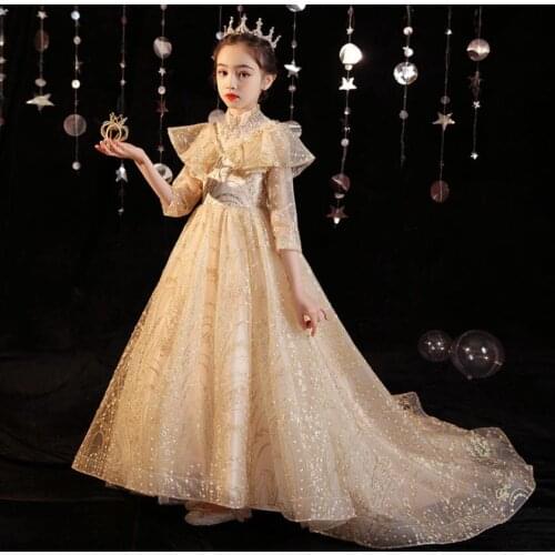 High-end Children Sequines Stitching Beautiful Evening Gown Kids Catwalk Birthday Party Princess Trailing Dress For Girls L854