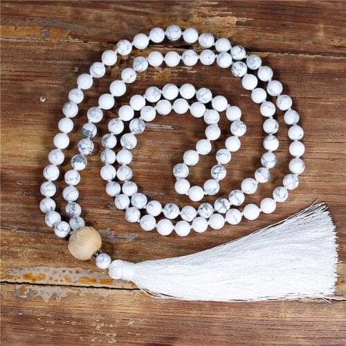 YueTong 108 Beads Mala Necklace 8MM White Natural Stones Necklace With Long Tassel Yoga Meditation Necklace Dropship Jewelry