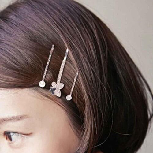 3Pcs/Set Elegant Faux Pearl Tight Heart Butterfly Round Square Shape Rhinestone Hair Barrettes Hairpins Headwear for Daily Wear