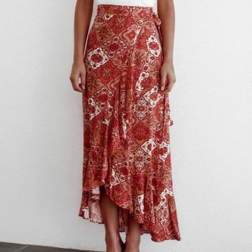 Womens Beach Party Ruffle Trim Split Long Skirts 2021 Retro Boho Floral Print Tie Waist Wrap Maxi Skirt Female Sexy Streetwear