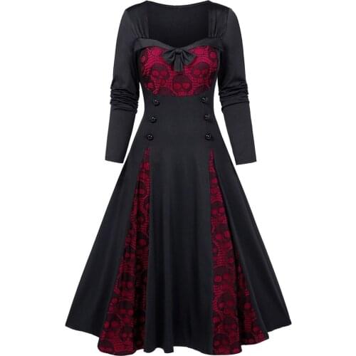 Women Plus Size Halloween Dress Skull Lace Insert Mock Button Bowknot Dress Long Sleeve Stitching Dress Sukienki Damskie #G3