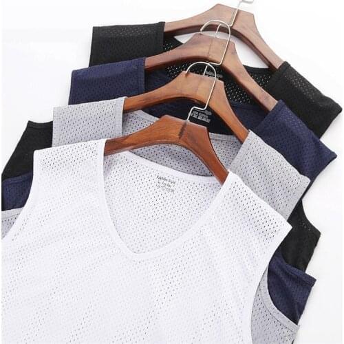 Mens Breathable Mesh Vest Male Ice Silk Quick-drying V- Neck Hollow Sleeveless Vest Wide Shoulder Waistcoat Fitness Slim Mesh