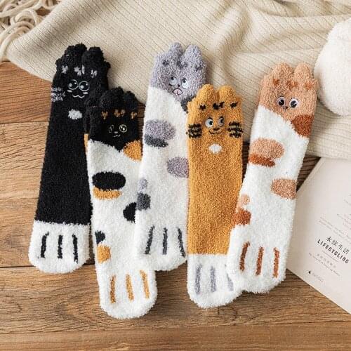 3pairs/set Thick Warm Sleep Socks Slippers Thicken Women Girls Cat Print Casual Non Slip Warm Winter Cute Socks