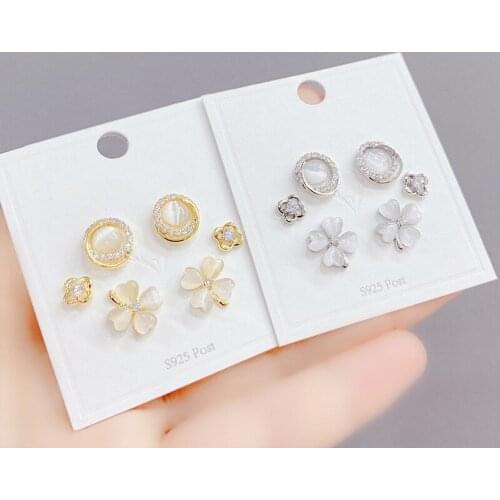 2021 New Design 6 Pcs 14K Gold Plated Opal Heart Stud Earrings Luxury Jewelry Cubic Zircon Flower Earrings