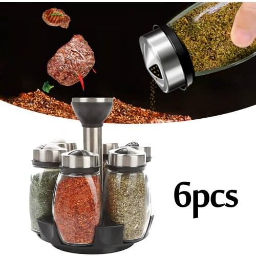 6pcs Rotary Glass Kitchen Spice Rack Bottles Seasoning Salt Pepper Storage Shelf Kitchen Jars for Spices Rotate Glass Cruet