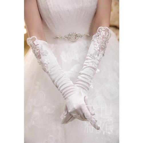 White Satin Wedding Bride Gloves with Fingers Beaded Lace Luvas De Casamento Longas for Wedding Dress
