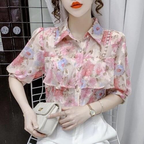 Pearl Floral Chiffon Shirts Beads Ruffled Ladies Summer 2021 New Design Shirt Beading Half Sleeve Top Blouses Womens Clothing