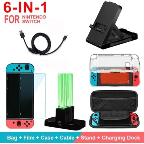 6 in 1 Game Accessories Kit for Nintendo Switch Protective Bag Tempered Film Protective Case Hand-strap Stand Charging Cable R15