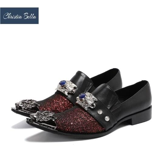 Christia Bella Genuine Leather Men Shoes Rivet Metal Pointed Toe Party Dress Shoes Slip on Business Oxford Leather Shoes Male