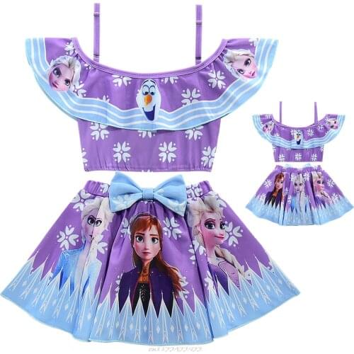 Disney Frozen Elsa Summer Girls Ruffle Swimsuit Kids Two Pieces Childrens Swimwear Swim Suits Hollow Bikini Sets Bathing Suit