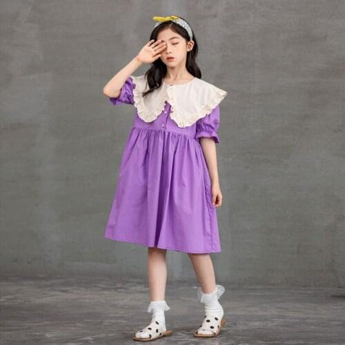 Baby Shirt Dress Cotton 2021 New Summer Girls Ruffles Neck Cute Kids Clothes Teen Dress,#6231