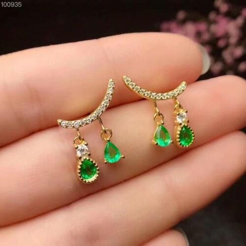 Natural emerald ear nails 3 * 4 mm Drip 925 sterling silver yellow gold emerald earnail Fashion Party Birthday Gift