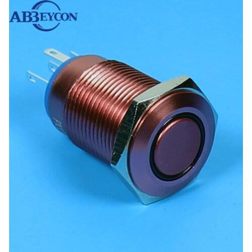 ABBEYCON 16mm High round 12VDC ring lamp LED illuminated metal push button latching red/pink switch