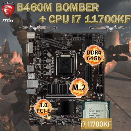 LGA 1200 Placa-mãe MSI B460M BOMBER + Intel i7 11700KF CPU Set DDR4 64GB M.2 PCI-E 3.0 COM Desktop Motherboard Combo Intel B460