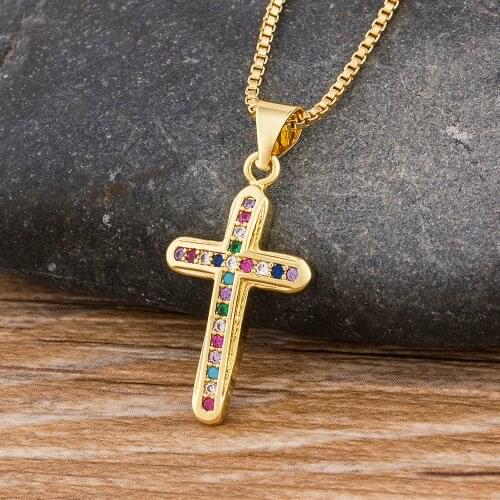 Hot Sale Religious Necklace Colorful Cubic Zirconia Cross Choker Necklace Charm Chain Pendant Christian Jewelry For Women Girls
