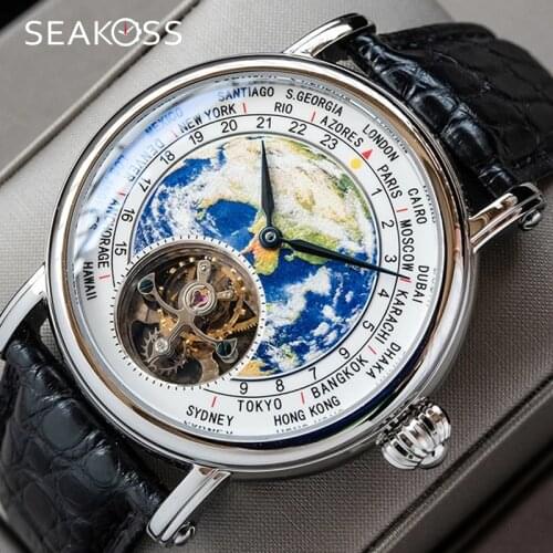 Seakoss Pilot Mens Earth Tourbillon Mechanical Watch ST8000 Seagull Movement 1963 Mens Watch Sapphire Alligator Leather Clock