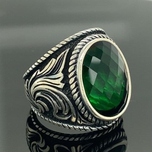 Men Handmade Ring , Emerald Stone Ring , Green Stone Ring , Oval Gemstone Ring , Cubic Zircone , 925k Sterling Silver Ring