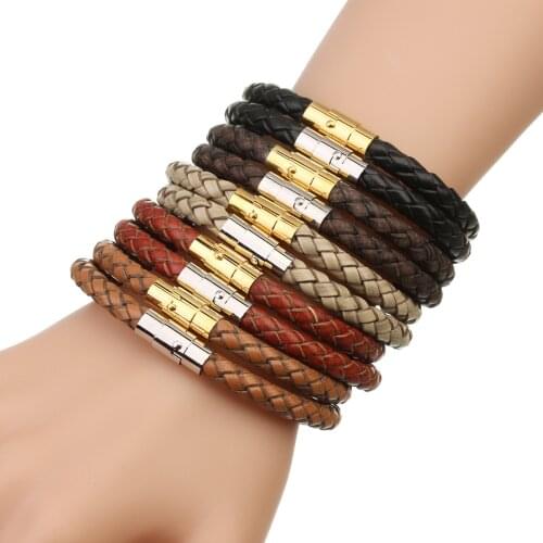 Punk Vintage Men Leather Bracelets Handmade Braided Stainless Steel Magnetic Clasp Bangles Black Gold Simple Fashion Bracelet
