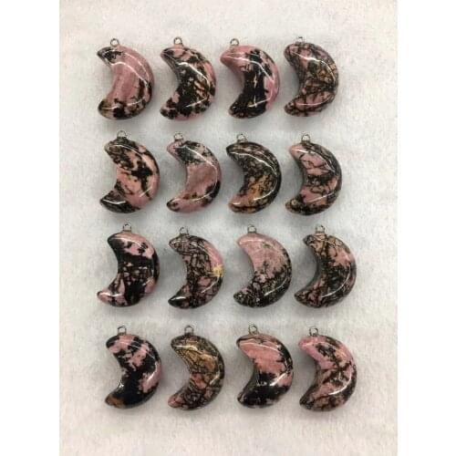 Wholesale 10pcs/Pack Natural Rhodonite Bead Pendant,Moon Shape Gem Stone Jewelry Necklace DIY,30x12mm