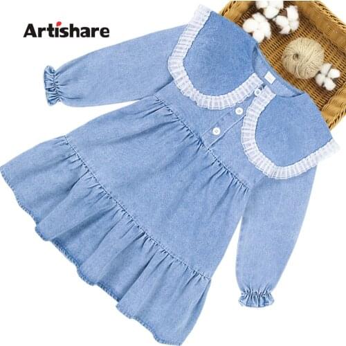 Dresses For Girls Solid Color Denim Dress For Girls Spring Autumn Party Dress For Children Casual Style Girls Clothes 6 8 10 12