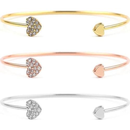Full Crystal Heart-shaped Bangles Double Heart Love Opening Cuff Bangle Adjustable Bracelet Women Jewelry Fashion Wedding Gift