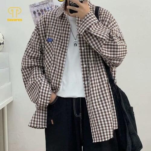 TAVARES Men Casual Shirts Plaid Lattice Long Sleeve Fashion Shirt Spring Autumn Gradient Black Blue Cardigan Tops