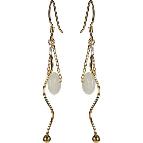 S925 sterling silver gold-plated Hetian jade earrings tassel peace buckle earring pendant for ladies ear hooks