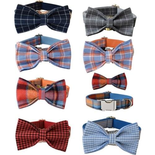 Grid BowTie Dog Collar Personalized Luxury Designer Velvet Engraved Pet Name Retailing Pet Supplies Puppy Accessories