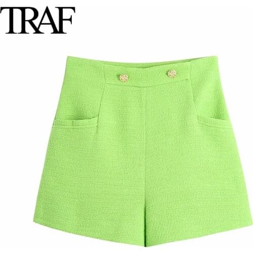 Traf Za 2021 Summer Women Clothes Tweed Short Ladies Office High Waist Wide Leg Shorts Chic Suit Short Pant