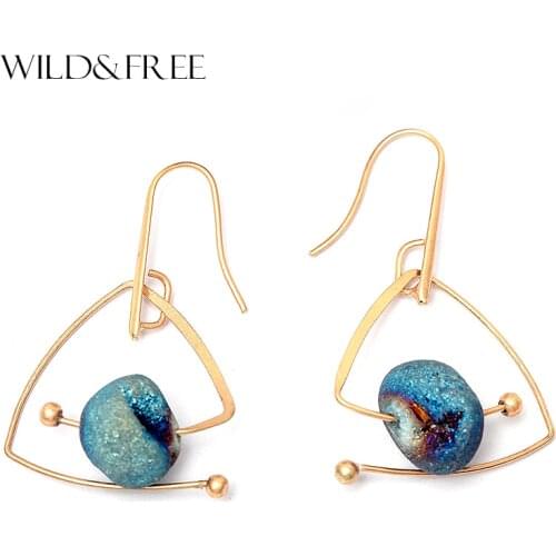 Wild&Free Hot Blue Natural Stone Drop Earrings For Women Vintage Gold Copper Triangle Geometric Dangle Earring Jewelry Wholesale