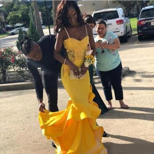 South African Black Girls Prom Dresses Yellow Mermaid Appliques Pageant Holidays Graduation Wear Formal Evening Party Gowns