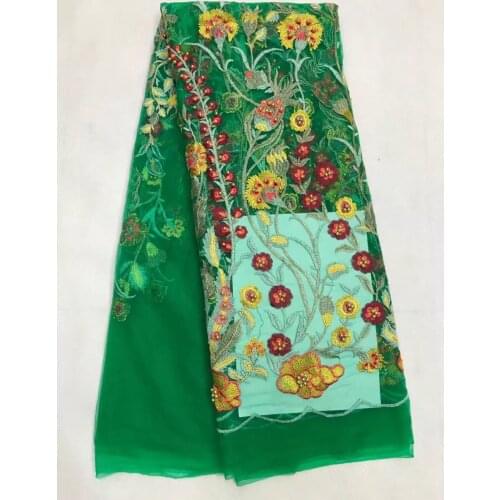 Green color beaded french lace fabric with Beads high quality African lace fabrics 5 yards tulle lace embroidered fabric AFL85