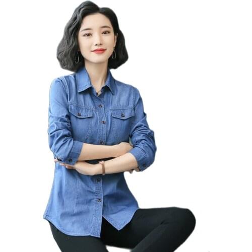 S-3XL Women Denim Shirt Spring Autumn 2021 New Casual Retro Long-sleeve Loose Tops Slim Thin Cotton Blouse Female