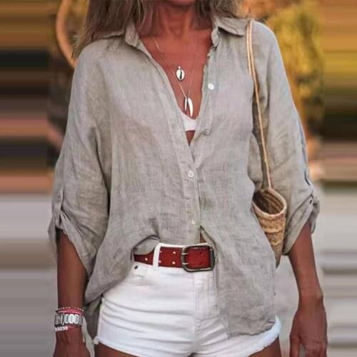 Three Quarter Sleeve Turn Down Collar Lady Shirt Solid Single Breasted Button Women Blouse Shirts For Summer New 2021