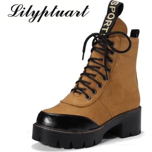 2020 autumn and winter new simple punk womens boots 40-43 large size shoes thick-soled stitching lace-up winter boots women