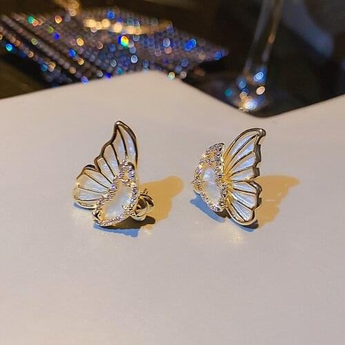 Wholesale Ins Hot Sale Romantic Delicate Jewelry Cubic Zircon CZ Stud Earrings for Women Real Gold Shell Butterfly Earrings