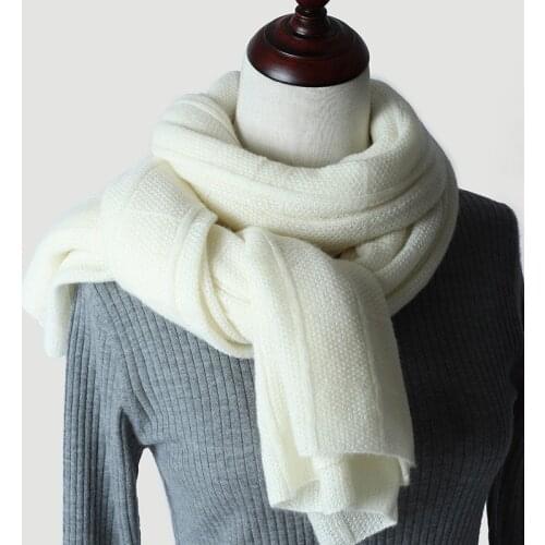 Knitted White 100% Cashmere Scarf Women Luxury Pure Natural Cashmere Shawl Lady Pashmina Long Warm Thicken Autumn Winter