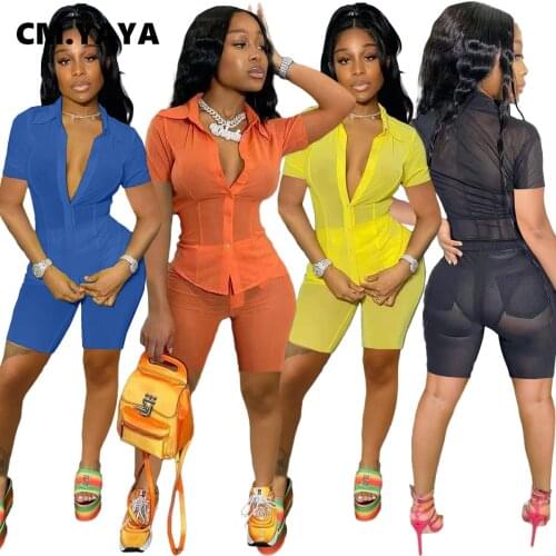 CM.YAYA Mesh Transparent Women Set Sexy Streetwear Button Up Blouses and Shorts Matching Two Piece Set Fashion Tracksuit Outfit