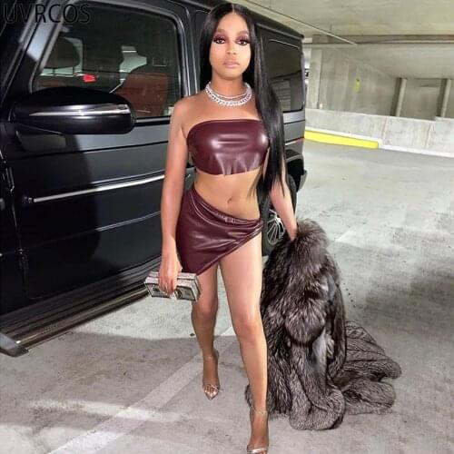 UVRCOS Festival Clothing Womens Tracksuit Faux Leather Strapless Backless PU Tops And Asymmetrical Short Skirts Two Piece Set