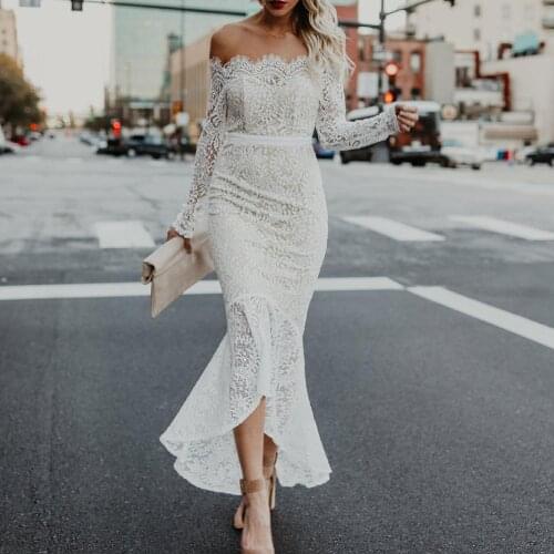 Sexy Women Long Sleeve Off Shoulder Lace Mermaid Cocktail Wedding Bodycon Dress summer dresses Casual vestidos dress party dress