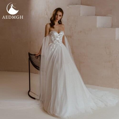 Aedmgh A-Line Beach Wedding Dresses 2021 Sweetheart Ribbon Off The Shoulder Vestido De Novia Elegant Appliques Fairy Bridal Gown