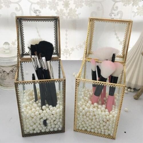 Golden Retro Glass Makeup Brush Box With Lid Beauty Brush Tube Set Brush Storage Box Anti-dust Jewelry Box