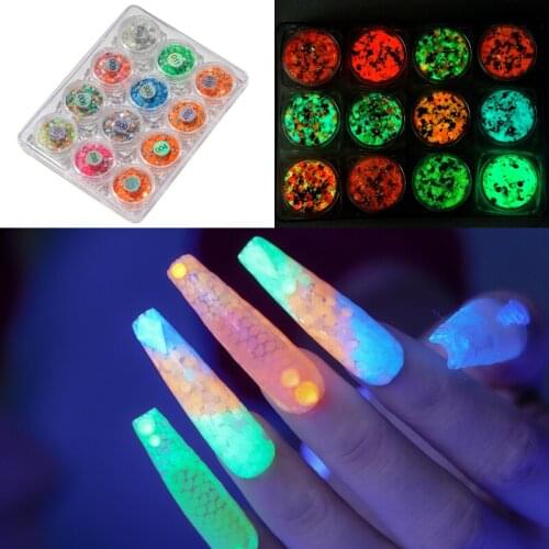12pcs/Set Luminous&Reflective Light Nail Art Glitters(3g*12)For UV Gel Nails Design Manicure Glow In The Dark Glitter Powders H3
