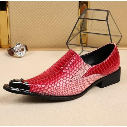 2020 Italian Men Leather Alligator Python Skin Shoes For Men Iron Pointed Toe Red Patent Leather Dress Wedding Shoes