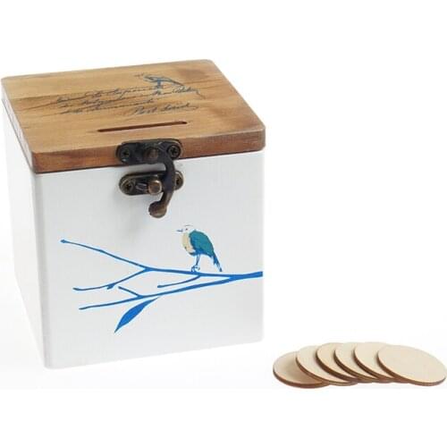 4 Inch Wooden Square Piggy bank Money Coin Bank With Lock Desktop Storange Decro Gift