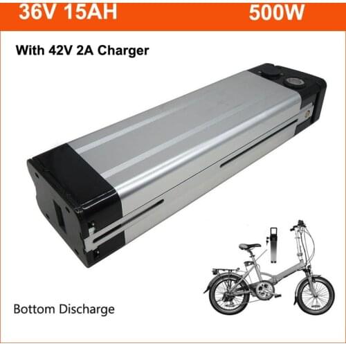 500W 36V Electric Bike Battery 36 V 15AH lithium Silver Fish Battery Pack with 42V 2A charger and BMS Bottom discharge