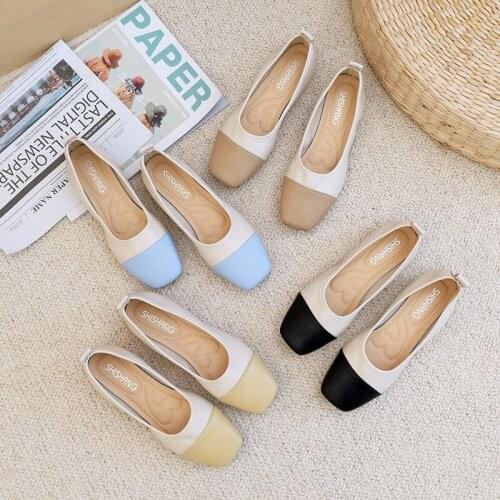2021 Autumn New Fashion Soft Bottom Color Matching Ballet Shoes Square Head Flat Bottom Breathable Casual Womens Shoes