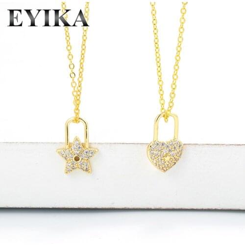 EYIKA Delicate Small Padlock Pendant With Gold O-Chain Necklace Heart Star Cross Evil Eye Cubic Zirconia Trendy Women Jewelry